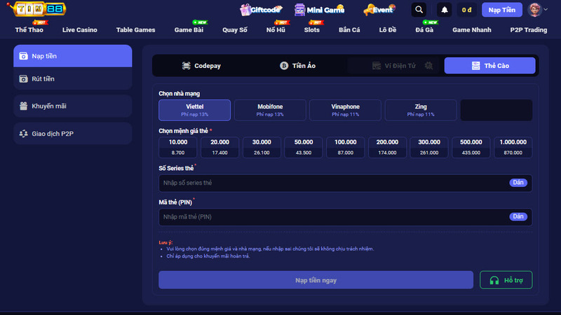 Giao diện nạp tiền Tin88 thông qua thẻ cào di động