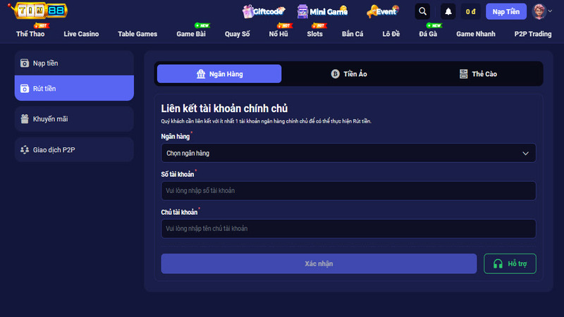 Giao diện Rút tiền Tin88 cho anh em mới chơi