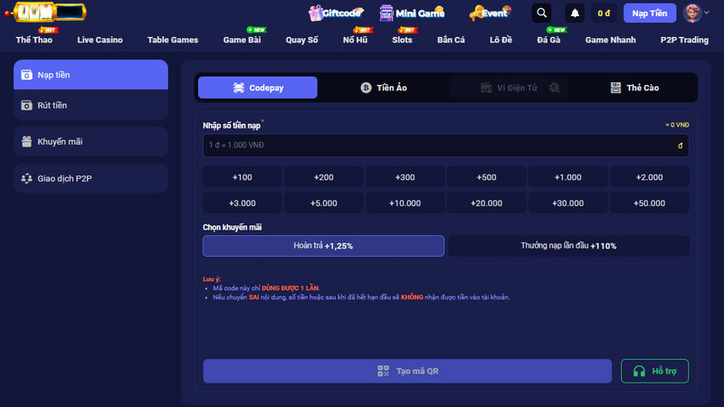 Nạp vốn dễ dàng thông qua codepay ngân hàng
